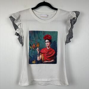 Classic Blue Jeans Womens Frida Kahlo Print Ruffle Short Sleeve White Top Small